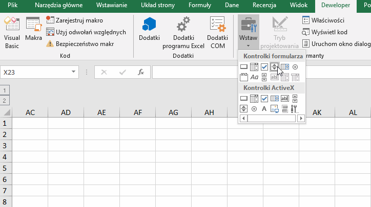 wstaw kontrolkę formularza Excel