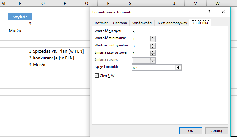 ustawienia atrybutów przycisku pokrętła Excel
